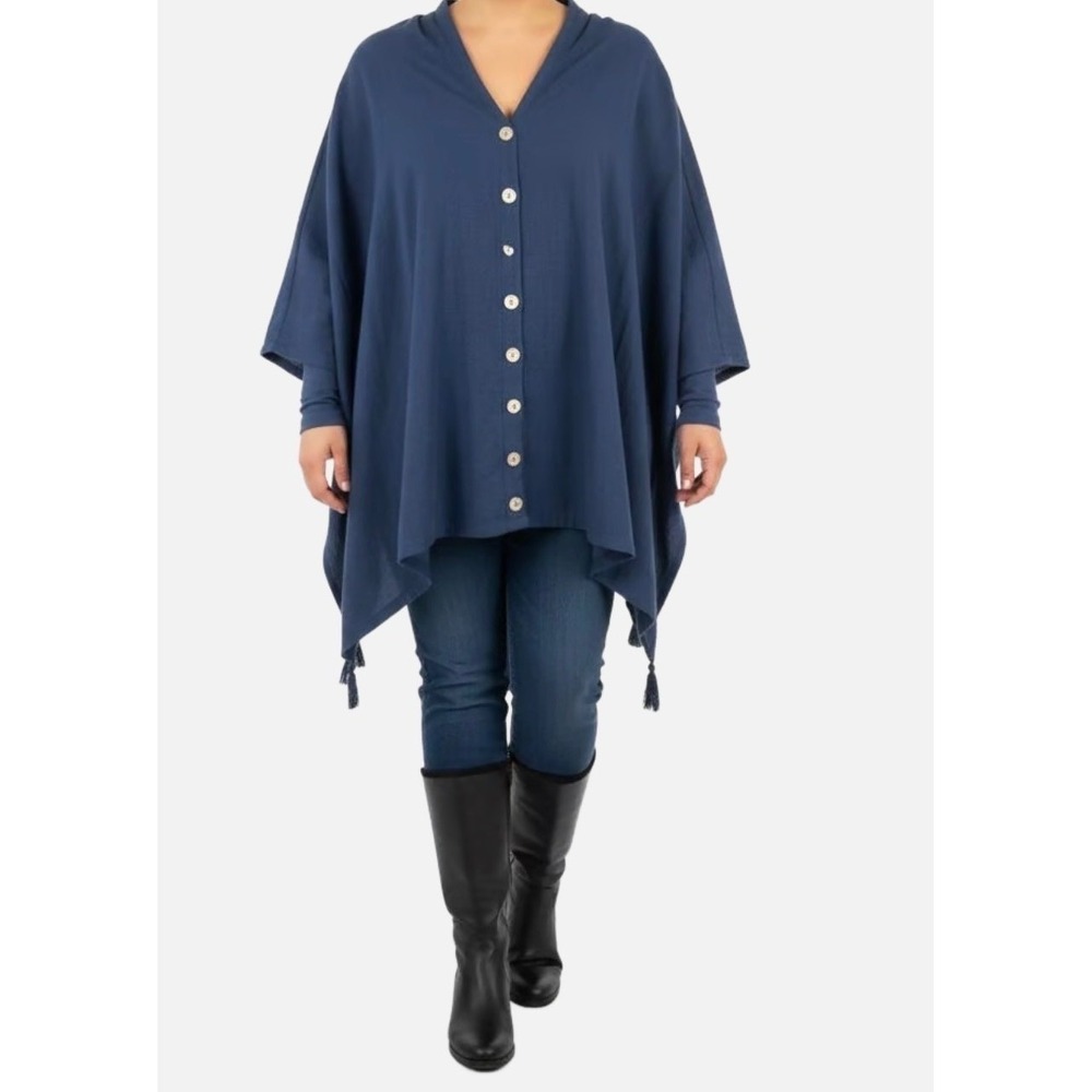 Crosstree Lane Navy Blue Cotton Button Front Hooded Poncho Wrap Tassels 84217A
